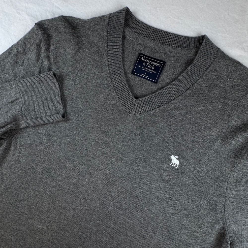Abercrombie & Fitch Sweater Mens Large Gray Wool Blend V-Neck Logo Pullover